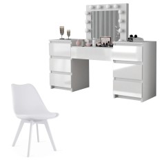 Set masa de toaleta/machiaj Antonia + scaun Mark, alb, sertare lucioase, cu oglinda si LED-uri, 155x42x135 cm