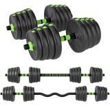 SPORTNOW Set Bară cu Greutăți 3 &icirc;n 1 cu 16 Discuri din Plastic și Nisip Verde | Aosom Romania
