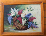 Tablou &ndash; coş cu flori de liliac - pictură rom&acirc;nească, semnată B&icirc;rză (1980), Ulei, Realism