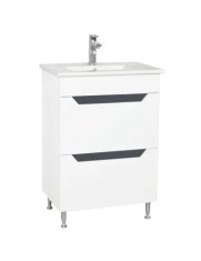Baza si lavoar ceramic GN0561, mobilier baie stativ 60 cm, dreptunghiular, front MDF, 2 sertare, glisiere soft close, picioare cromate reglabile, alb/ foto