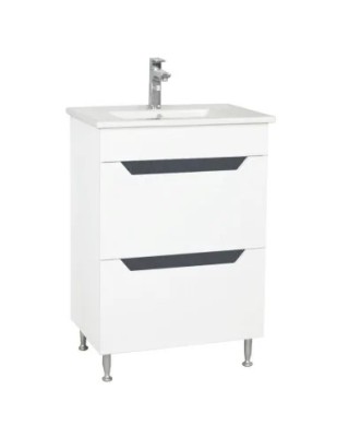 Baza si lavoar ceramic GN0561, mobilier baie stativ 60 cm, dreptunghiular, front MDF, 2 sertare, glisiere soft close, picioare cromate reglabile, alb/ foto