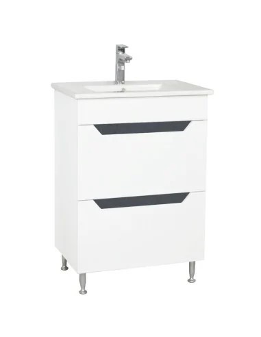 Baza si lavoar ceramic GN0561, mobilier baie stativ 60 cm, dreptunghiular, front MDF, 2 sertare, glisiere soft close, picioare cromate reglabile, alb/
