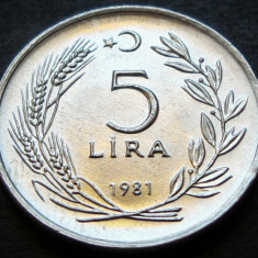 Moneda 5 LIRE - TURCIA, anul 1981 *cod 3538 = UNC