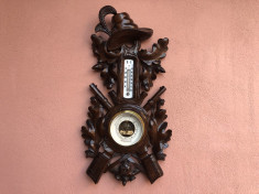 Barometru vechi cu termometru,german,sculptat in lemn foto