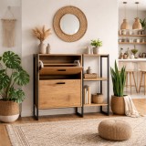 Dulap pentru depozitare pantofi Marilyn, 2 usi, rafturi, cadru metalic, MDF, stejar