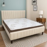 Pat matrimonial Erzon, elemente lemn masiv, tapitat cu stofa, cu somiera,140x200 cm, crem