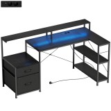 HOMCOM Birou Gaming &icirc;n formă de L cu prize multiple, LED-uri, 165x80 cm, birou PC cu 2 sertare din material textil, 2 rafturi deschise, măsuță lateral