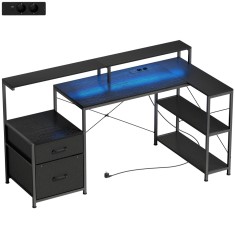 HOMCOM Birou Gaming &icirc;n formă de L cu prize multiple, LED-uri, 165x80 cm, birou PC cu 2 sertare din material textil, 2 rafturi deschise, măsuță lateral