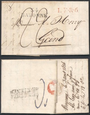 France Belgium 1826 Stampless Cover + Content Bayonne 64 Gand DB.499 foto