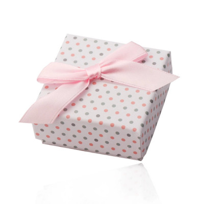 Cutie cadou albă pentru inele sau cercei, puncte roz și gri, panglică foto