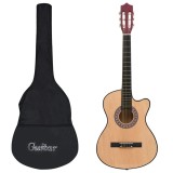 Set Chitara Acustica vidaXL 38 inch, 12 Piese, Lemn Tei, Natural, cu Husa, Curea, Pene si Accesorii