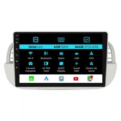 Navigatie Android Dedicata Fiat 500 (2007 - 2015), 9Inch, 4Gb Ram, 64Gb Stocare, Carplay foto