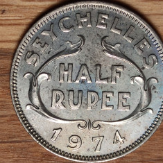 Seychelles -raritate- moneda de colectie - 1/2 Half rupee 1974 a/UNC -tiraj 100k
