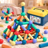 Cumpara ieftin Set magnetic de constructie pentru copii, 136 piese multicolor, cutie depozitare, 2.9-8.6 cm