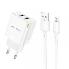Incarcator Retea Cu Cablu microUSB Borofone BN15 Strong, 10.5W, 2.1A, 2 x USB-A, Alb