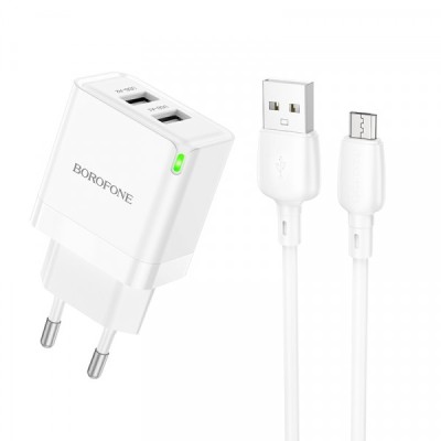 Incarcator Retea Cu Cablu microUSB Borofone BN15 Strong, 10.5W, 2.1A, 2 x USB-A, Alb foto
