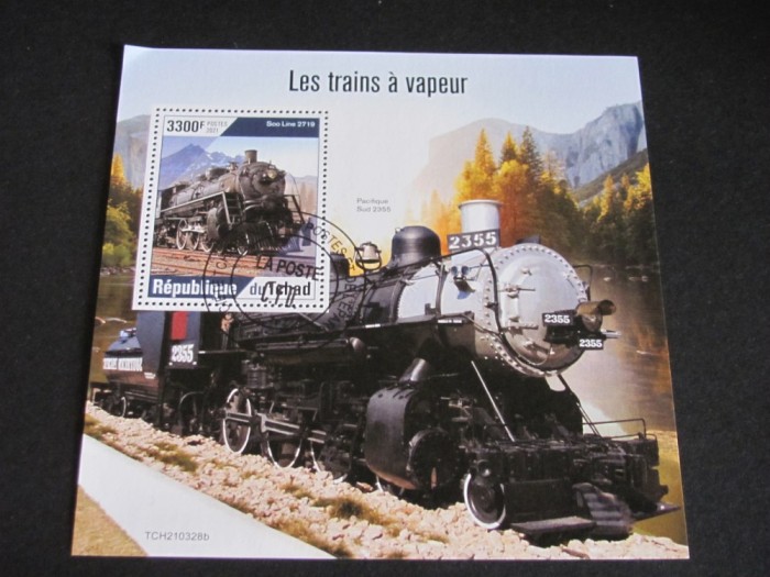 Timbre Poștale Bloc Tchad 2021 &ndash; &bdquo;Les trains &agrave; vapeur&rdquo;, Soo Line 2719 și Pacific Sud 2355, 3300F, colecție tematică feroviară
