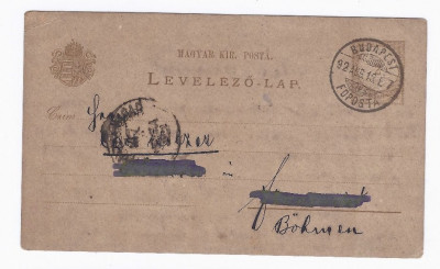 Hungary 1892 Postal History, Postal Card Budapest to Bohemia D.049 foto