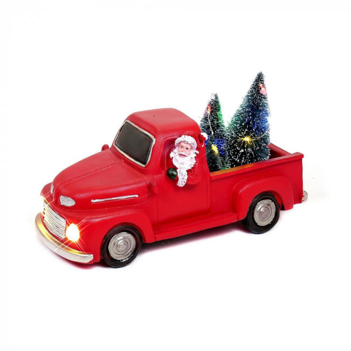Decoratiune Craciun, polirasina, Mos Craciun in camioneta cu bradulet, LED, 11x24x11 cm, 3xAA, Magic Home