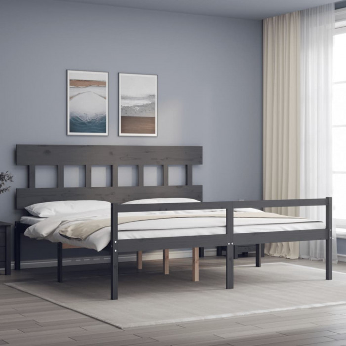 vidaXL Cadru de pat senior cu tăblie, gri, Super King Size, lemn masiv