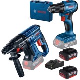 Bosch GSR 185-LI + GBH 180-LI + 1600A019S0 - Masina de gaurit si insurubat 50 Nm valiza plastic + Rotopercutor SDS-Plus 2 J + Set 2 acumulatori si inc