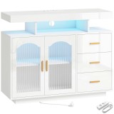 HOMCOM Bufet cu LED RGB &icirc;n 7 culori Prize Porturi USB 3 Sertare Rafturi Deschise 2 Uși Alb Lucios 100x35x80 cm | Aosom Romania