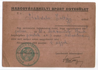 1944 - Targu Mures, intreg postal-invitatie la sedinta clubului sportiv Tg Mures foto