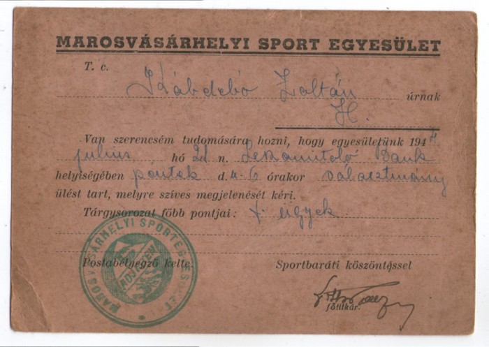1944 - Targu Mures, intreg postal-invitatie la sedinta clubului sportiv Tg Mures