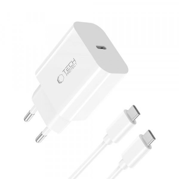 Incarcator Retea Cu Cablu USB-C Tech-Protect NC20W, 20W, 3A, 1 x USB-C, Alb