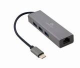 ADAPTOR RETEA GEMBIRD , extern, USB 3.1 Gen1 Type-C, port RJ-45, 1000 Mbps, cu HUB 3 x 3.0 USB-A, silver, &quot;A-CMU3-LAN-01&quot; (timbru verde 0.18 lei)