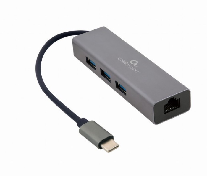 ADAPTOR RETEA GEMBIRD , extern, USB 3.1 Gen1 Type-C, port RJ-45, 1000 Mbps, cu HUB 3 x 3.0 USB-A, silver, &quot;A-CMU3-LAN-01&quot; (timbru verde 0.18 lei)