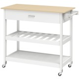 HOMCOM Cărucior de bucătărie cu depozitare, insulă mobilă de bucătărie cu blat mare, sertar, 2 rafturi deschise, suport pentru prosoape, Alb | Aosom R