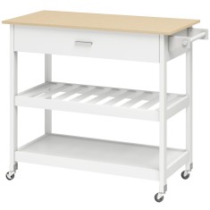 HOMCOM Cărucior de bucătărie cu depozitare, insulă mobilă de bucătărie cu blat mare, sertar, 2 rafturi deschise, suport pentru prosoape, Alb | Aosom R