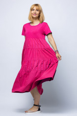 Rochie Stella Milani lunga, fucsia, cu volane, din bumbac foto