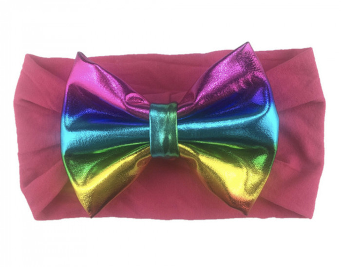 Bandă de cap roz cu arcul metalizat pentru fetiță Rainbow Microfiber