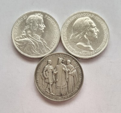 q348 UNGARIA SET COMPLET 2 PENGO 1935 PAZMANY RAKOCZI 1936 LISZT ARGINT aUNC foto
