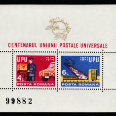 Romania 1974-U.P.U.,centenar,colita dantelata numerotata,MNH,Mi.Bl.112,(848)