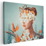 Tablou canvas colaj femeie cu flori pe fata, portocaliu, albastru 1231 Tablou canvas pe panza CU RAMA 20x30 cm