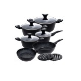 Set 6 oale din aluminiu turnat, cu strat marmorat, capac sticla, 16, 20,24,28cm, negru, Klausberg