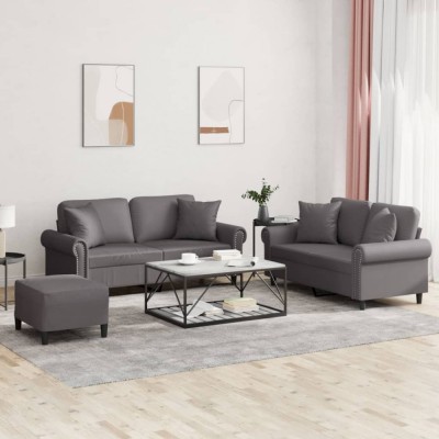 vidaXL Set de canapele cu perne, 3 piese, gri, piele ecologică foto