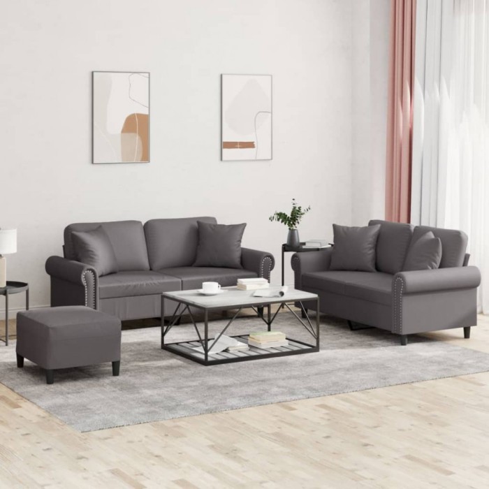 vidaXL Set de canapele cu perne, 3 piese, gri, piele ecologică