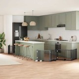 vidaXL Poartă c&acirc;ini pliabilă cu ușă 8 panouri negru 640 cm, lemn plop 3155738