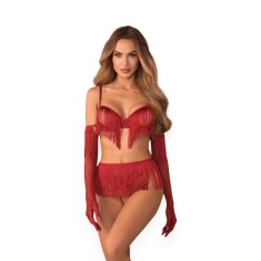 Lenjerie sexy 4 piese OBSESSIVE Rossay Red, sutien cu ciucuri fără cupe, tanga crotchless, mănuși cu ciucuri și curea decorativă, culoare roșu, mărime