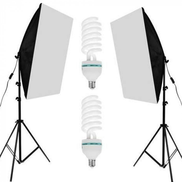 Kit de Iluminare Zenino - 2 Lampi Foto, Trepied, Carcasa, 150W, 50x70cm, Alb/Negru