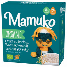 Porridge din 3 cereale cu fulgi de ovaz, hrisca si orz bio, 12+ luni, 200g Mamuko