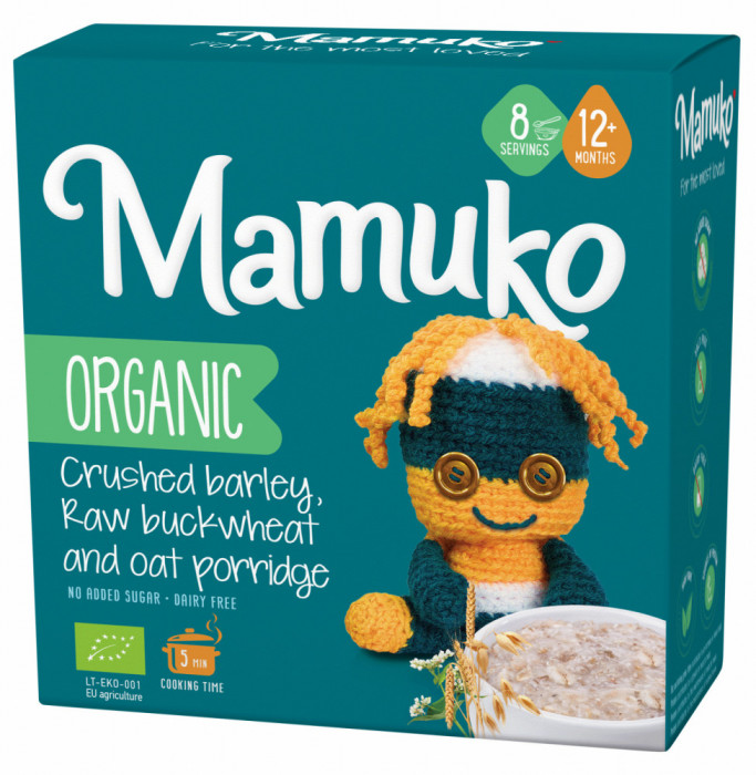 Porridge din 3 cereale cu fulgi de ovaz, hrisca si orz bio, 12+ luni, 200g Mamuko