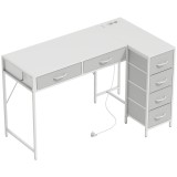 HOMCOM Birou de Colț Reversibil cu Prize și Porturi USB, 126x48 cm, Birou &icirc;n Formă de L cu 6 Sertare din Material Textil, C&acirc;rlig Lateral, pentru Compu