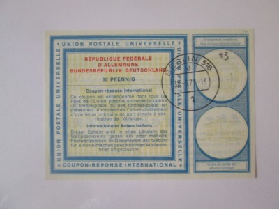 Germania Federală 60 Pfennig IRC 1971 Cupon raspuns international foto
