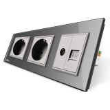 Priza tripla - 2 x priza simpla + 1 x priza TV / internet Livolo VL-C7C3EU/VC-15, incastrat, contact de protectie, rama din sticla inclusa, gri