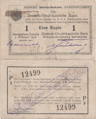 1916 (1 II), 1 Rupie (P-20a.10) - Africa de Est Germană foto